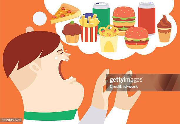 little boy crying while thinking of junk food - toddler imagination stock illustrations