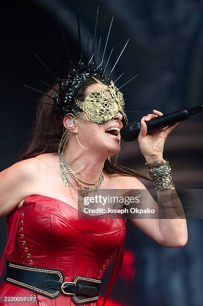 Sharon den Adel of Within Temptation performs during Download Festival Donington Park on June 13, 2025 in Castle Donington, England.