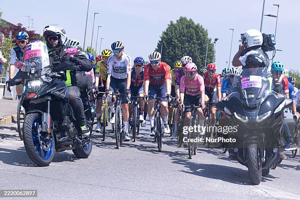 Jersey holders stand at the start of the 4th Stage of Giro Next Gen 2025 from Manerbio to Salsomaggiore Terme.