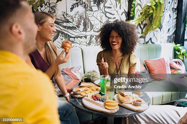 happy smiling friends enjoying time together - brunch stock pictures, royalty-free photos & images