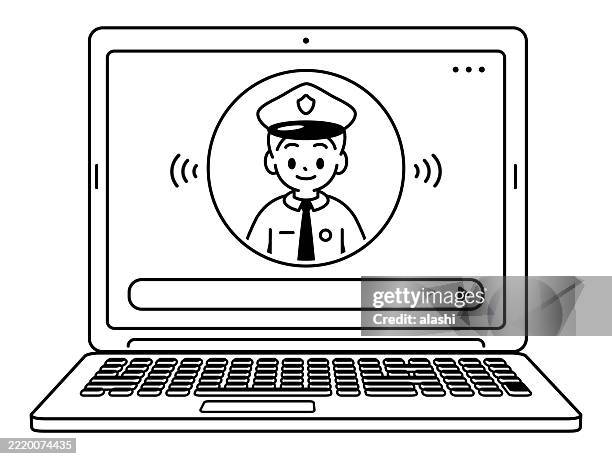 auf einem laptop-bildschirm ist ein junger polizist zu sehen. vorderansicht, schwarzer umriss mit flachen farben, minimalistischer stil - datenschutz grundverordnung stock-grafiken, -clipart, -cartoons und -symbole