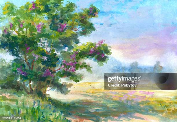illustrazioni stock, clip art, cartoni animati e icone di tendenza di giornata di sole estivo, pittura nello stile dell'impressionismo - dipinto in acrilico