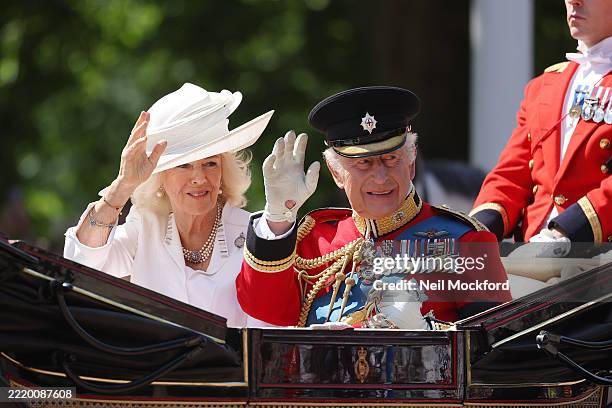 King Charles III and Queen Camilla during Trooping The Colour 2025 on June 14, 2025 in London, England. Trooping The Colour is a ceremonial parade...