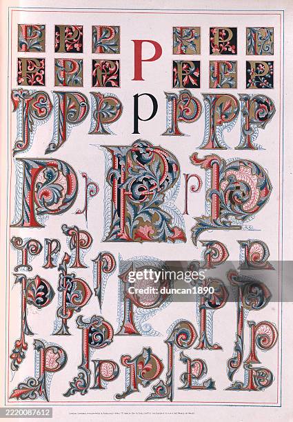 letter p, medieval style illuminated letters, neo gothic, victorian, 19th century - victorian font stock illustrations