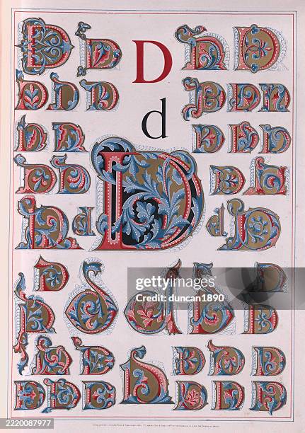 buchstabe d, leuchtbuchstaben im mittelalterlichen stil, neogotik, viktorianisch, 19. jahrhundert - monogramm stock-grafiken, -clipart, -cartoons und -symbole