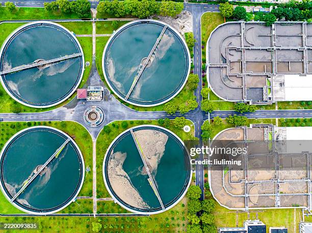 aerial view of sewage treatment plant - city waterworks stock pictures, royalty-free photos & images