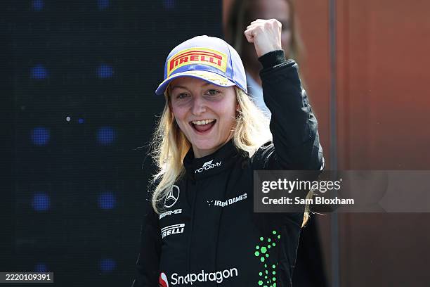 Race winner Doriane Pin of France and PREMA Racing celebrates on the podium during F1 Academy Round 4, race 1 at Circuit Gilles-Villeneuve on June...