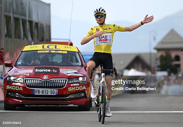 Tadej Pogacar of Slovenia and UAE Team Emirates - XRG - Yellow Leader Jersey celebrates at finish line as stage winner during the 77th Criterium du...