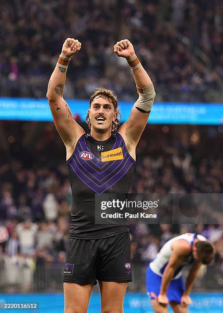Luke Jackson of the Dockers celebrates winning the round 14 AFL match between North Melbourne Kangaroos and Fremantle Dockers at Optus Stadium, on...
