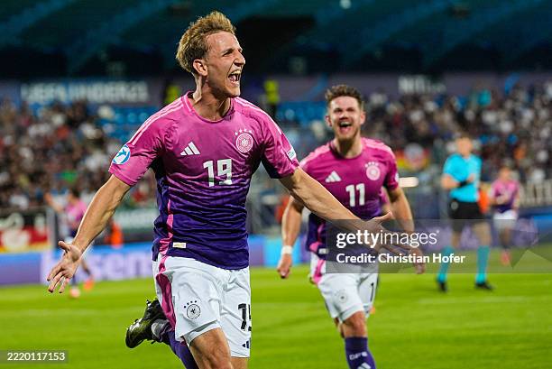 Nelson Weiper of U21 Germany celebrates after scoring his side's second goal during the UEFA European Under-21 Championship 2025 Group Stage match...