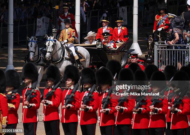 King Charles III and Queen Camilla during Trooping The Colour 2025 on June 14, 2025 in London, England. Trooping The Colour is a ceremonial parade...