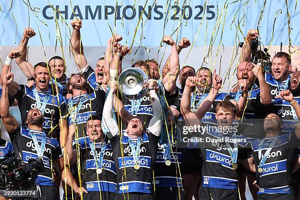 Bath Rugby celebrate winning the Gallagher Premiership Rugby Final match between Bath Rugby and Leicester Tigers at Allianz Stadium on June 14, 2025...