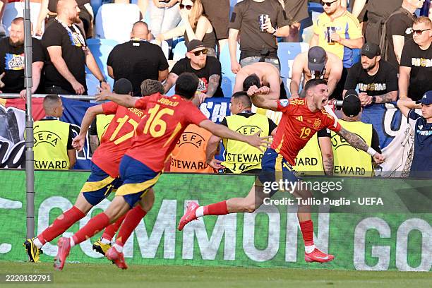 Roberto Fernandez of Spain celebrates after scoring their second side goal during the UEFA European Under-21 Championship 2025 Group Stage match...