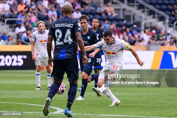 Oscar Gloukh of Salzburg attempts a kick for score his goal during the FIFA Club World Cup 2025 group H match between CF Pachuca and FC Salzburg at...