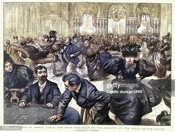 people running to the tables at monte carlo casino by paul renouard, victorian, 1890s, 19th century - antique table runner stock illustrations