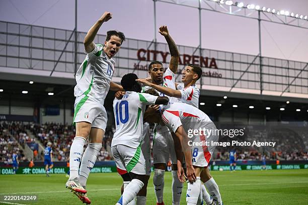 Cesare Casadei of Italy celebrates his goal during the UEFA European Under-21 Championship 2025 Group Stage match between Slovakia and Italy at A....
