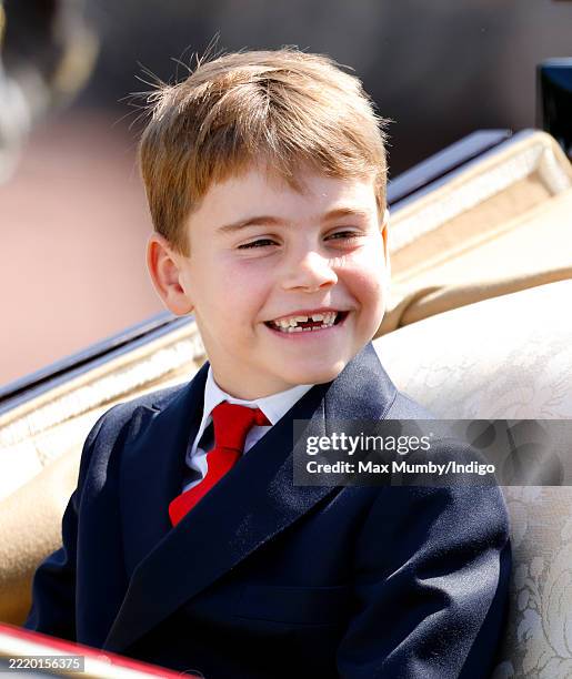 Prince Louis of Wales departs Buckingham Palace in an Ascot Landau horse-drawn carriage during Trooping The Colour 2025 on June 14, 2025 in London,...