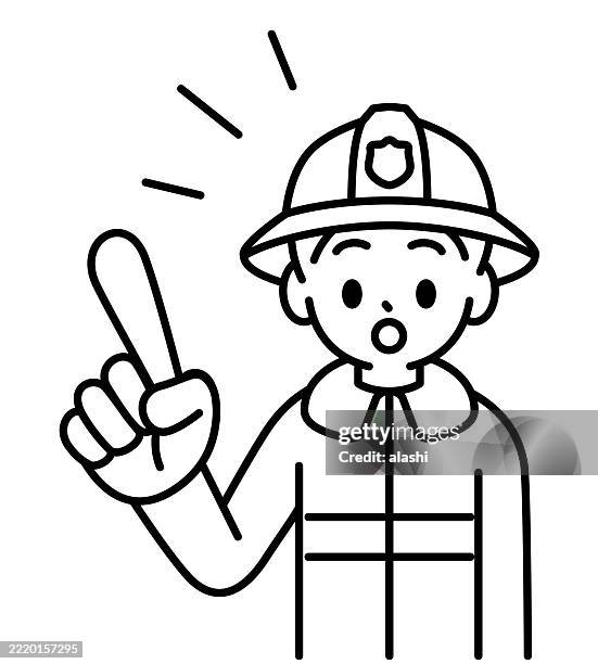 ein junger feuerwehrmann, der mit dem zeigefinger nach oben zeigt, spricht und erklärt, schaut den betrachter an. vorderansicht, schwarzer umriss mit flachen farben, minimalistischer stil - feuerwehrhelm stock-grafiken, -clipart, -cartoons und -symbole