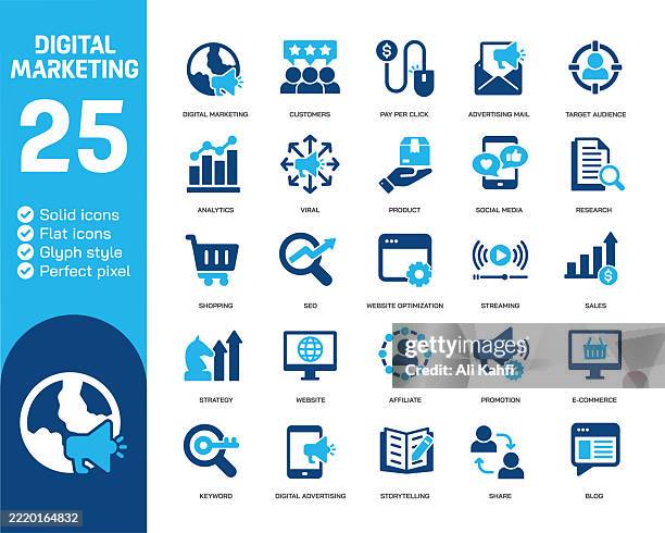 digital marketing glyph solid icons. containing advertising, social media, e-commerce solid icons collection. vector illustration. perfect pixel on clean white background - content management stock illustrations