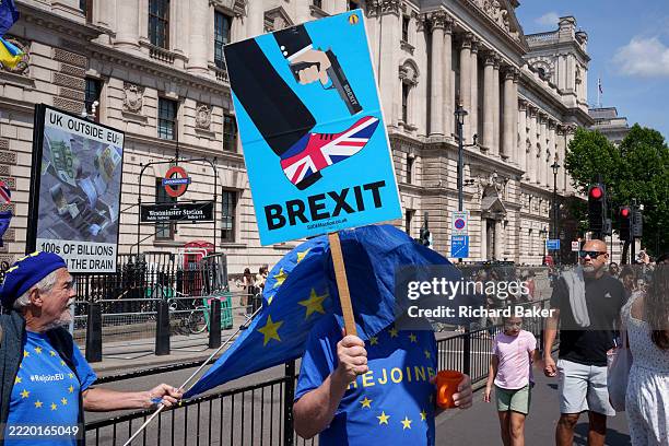 Pro-Europe campaigners and tourists during the regular anti-Brexit 'rejoin the EU' protest at the junction of Parliament Street and Parliament Square...