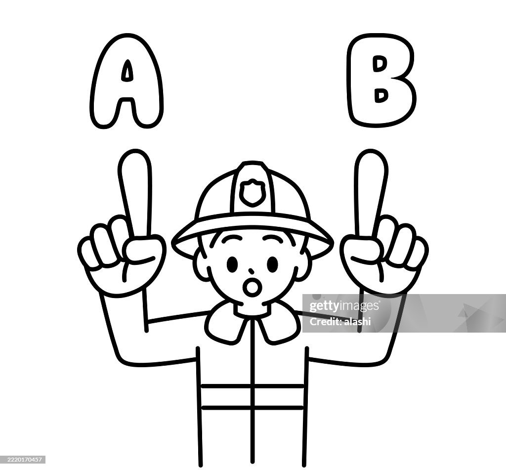A young fireman raises both hands, pointing upwards with his index finger, showing two options, A or B, talking and asking, looks at the viewer. Front view, black outline with flat colors, minimalist style