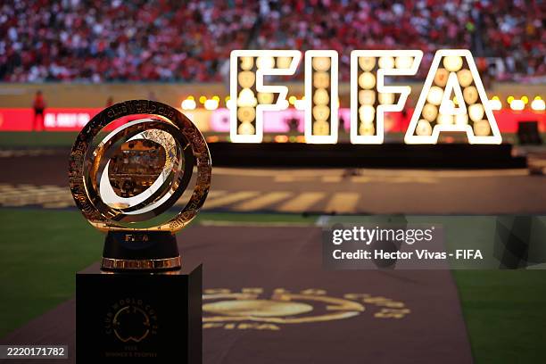 Detailed view of the FIFA Club World Cup trophy on the pitch prior to the FIFA Club World Cup 2025 group A match between Al Ahly FC and Internacional...
