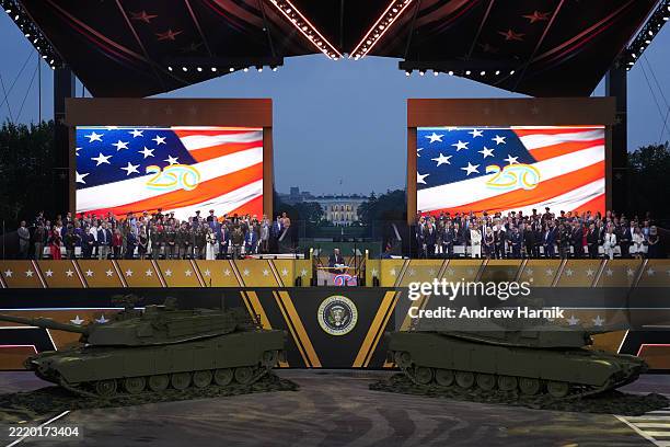 President Donald Trump speaks at the ending of the U.S Army parade on June 14, 2025 in Washington, DC. The U.S. Army is marking its 250th birthday...