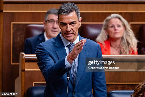 Spanish prime minister Pedro Sanchez is seen speaking at the Spanish Congress of Deputies. The Prime Minister appears in the chamber to respond to...