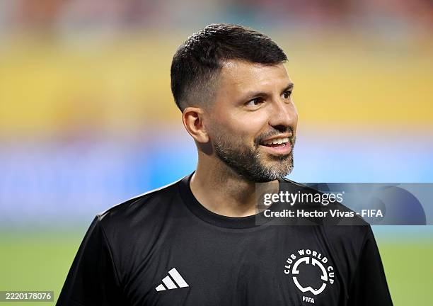 Former player, Sergio Aguero looks on during half time in the FIFA Club World Cup 2025 group A match between Al Ahly FC and Internacional CF Miami at...