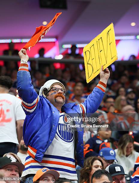 Hockey fans cheer in Game Five of the 2025 Stanley Cup Final between the Edmonton Oilers and the Florida Panthers at Rogers Place on June 14, 2025 in...