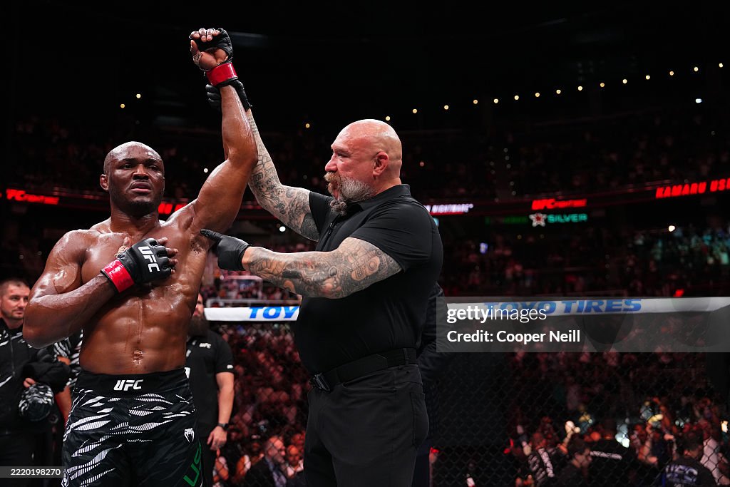 Usman Rgh Kamaru Usman of Nigeria reacts after defeating Joaquin Buckley in a ...