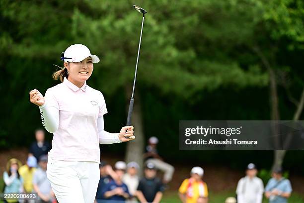 Sayaka Takahashi of Japan celebrates the birdie on the 15th green during the final round of Ai Miyazato Suntory Ladies Open Golf Tournament at Rokko...