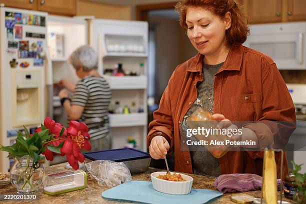 preserving vegetables in rural kitchen. mid-adult redhead adds homemade relish to dish while grandmother checks refrigerator. - relish stock pictures, royalty-free photos & images