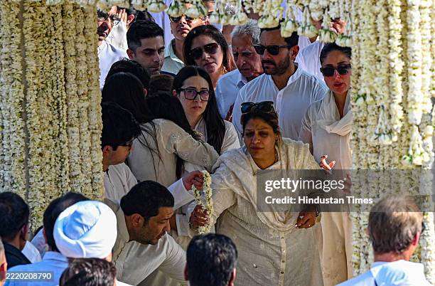 Actress Karishma Kapoor with her sister Kareena Kapoor and brother-in-law Saif Ali Khan paying her final farewell to ex-husband Sunjay Gupta at the...