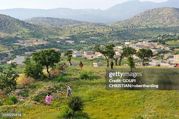 women running through the hills of souss-massa valley, morocco - souss massa photos et images de collection