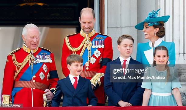 King Charles III , Prince Louis of Wales, Prince William, Prince of Wales , Prince George of Wales, Catherine, Princess of Wales and Princess...