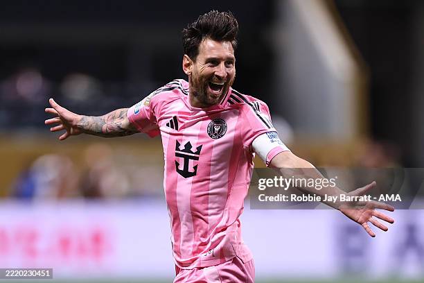 Lionel Messi of Inter Miami CF celebrates scoring their second goal during the FIFA Club World Cup 2025 group A match between Internacional CF Miami...