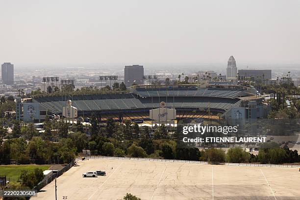 Dodgers Stadium is seen in Los Angeles, California on June 19, 2025. Federal immigration agents were barred from entering Dodger Stadium on June 19...
