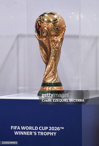 View of the FIFA World Cup trophy being exhibited in Heredia, Costa Rica, on June 19, 2025.