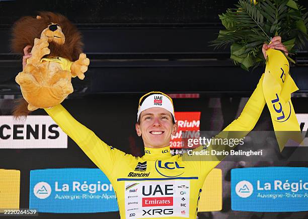 Tadej Pogacar of Slovenia and UAE Team Emirates - XRG celebrates at podium as Yellow leader jersey winner during the 77th Criterium du Dauphine 2025,...