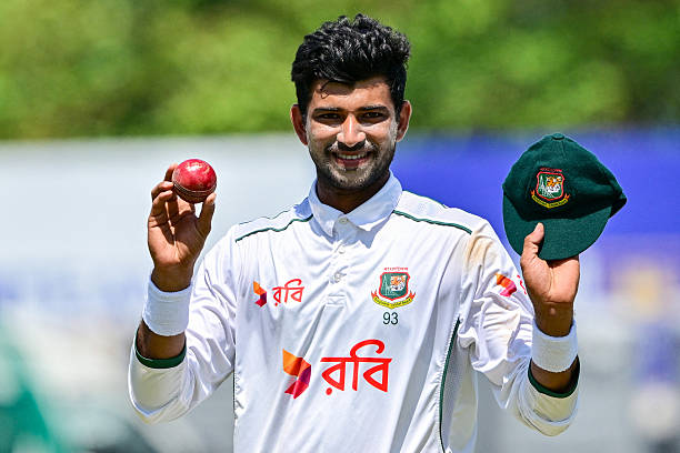 Bangladesh's Nayeem Hasan celebrates after taking a five-wicket haul during the fourth day of the first Test cricket match between Sri Lanka and...