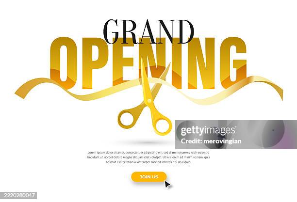 goldenes "grand opening"-motiv mit schere und band - band durchschneiden stock-grafiken, -clipart, -cartoons und -symbole