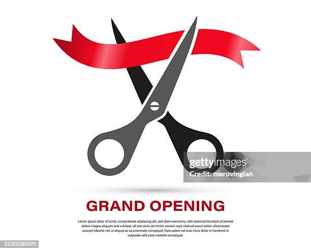 schere schneidet rotes band für die feierliche eröffnungsveranstaltung - band durchschneiden stock-grafiken, -clipart, -cartoons und -symbole