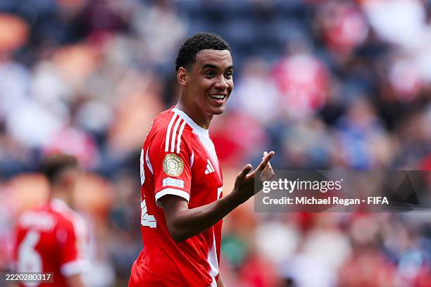Jamal Musiala of FC Bayern Munchen celebrates scoring his team's seventh goal during the FIFA Club World Cup 2025 group C match between FC Bayern...