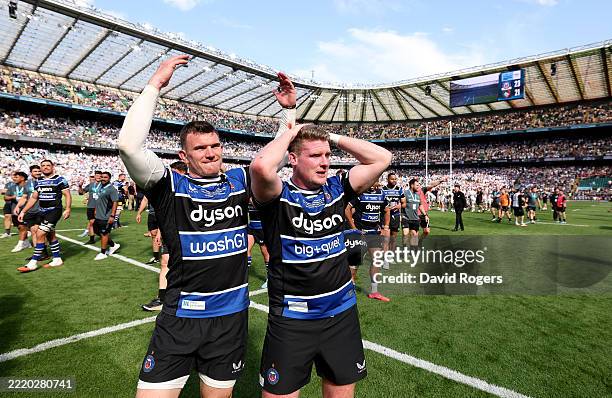 Ben Spencer, the Bath captain, celebrates with team mate Niall Annett after their victory during the Gallagher Premiership Rugby Final match between...