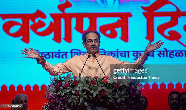 Uddhav Thackeray, the chief of the Shiv Sena party, addresses party workers during the Shiv Sena Foundation Day celebration at Shanmukhanand Hall in...