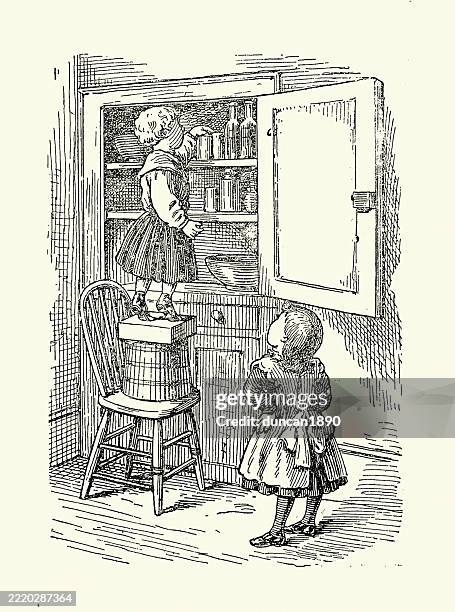 two young children looking in the cupboard for candy sweets, victorian, 1890s, 19th century - cupboard door stock illustrations