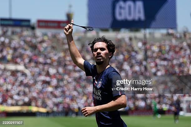 Vitinha of Paris Saint-Germain celebrates scoring his team's second goal during the FIFA Club World Cup 2025 group B match between Paris...