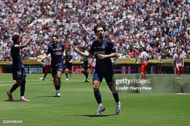 Vitinha of Paris Saint-Germain celebrates scoring his team's second goal during the FIFA Club World Cup 2025 group B match between Paris...