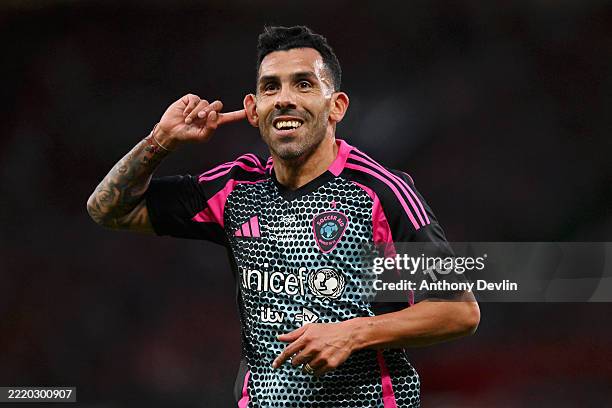 Carlos Tevez celebrates after scoring for World XI during Soccer Aid 2025 at Old Trafford on June 15, 2025 in Manchester, England.
